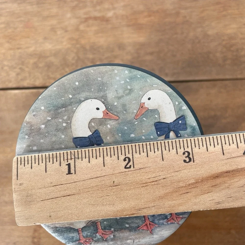 VTG 80s Country Winter Geese Round Covered Tin Blue Taiwan ROC 4